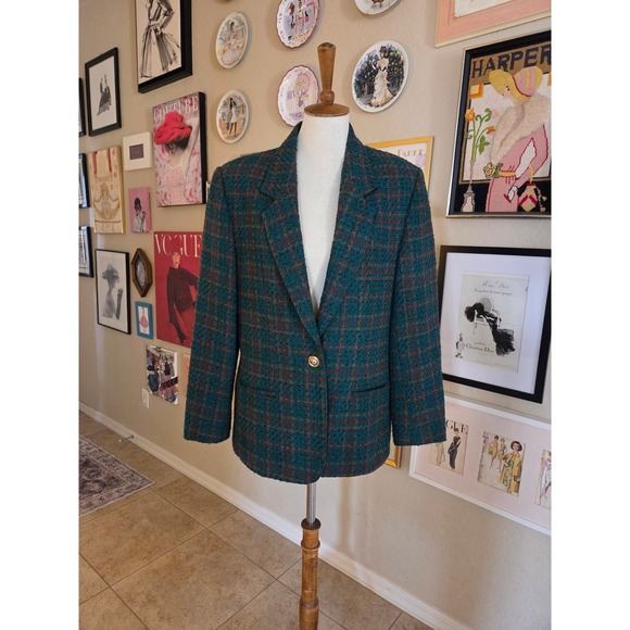 RUSS 80s Union Label Plaid Wool Blend Blazer Jacket Green Gold Button Women's‎ - Picture 3 of 7